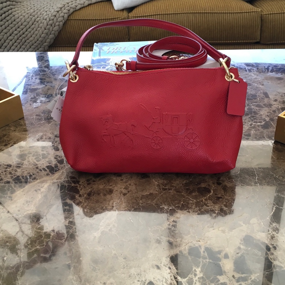 Coach Red Leather Shoulder Bag with Embossed Carriage